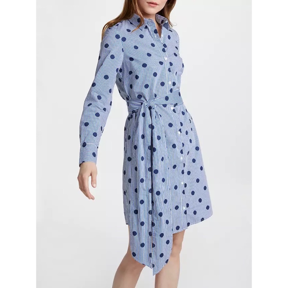 Boden Modern Navy Blue Striped Polka Dot Belted Shirt Dress Size 10 Long
